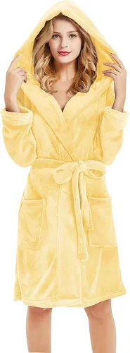 Vista 14 de U2SKIIN Bata de Forro Polar con Capucha para Mujer, Batas de Felpa de Pelo Corto para Mujeres con Capucha Suave y Cálida Bata de Baño para Spa