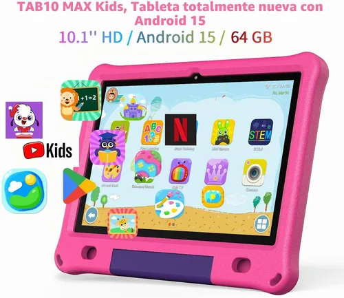 Vista 2 de PRITOM Tablet Android 15, Tablet nueva de 10'' para niños, control parental, 64GB+1TB ampliables para niños, WiFi6, educativa, juegos, software