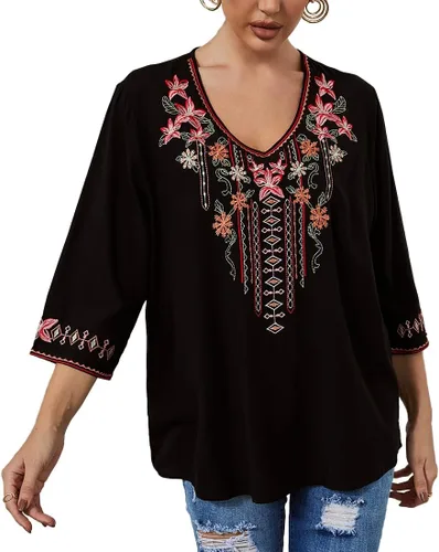 Vista 2 de AK Women's Boho Embroidered Tops 3/4 Sleeve Mexican Peasant Shirts Bohemian Loose Tunic Blouses 355-negro