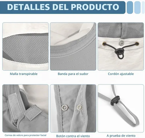 Vista 5 de LCZTN - Sombrero de protección solar de ala ancha, sombrero de pesca con solapa para cara y cuello, protección UPF 50+ Beige