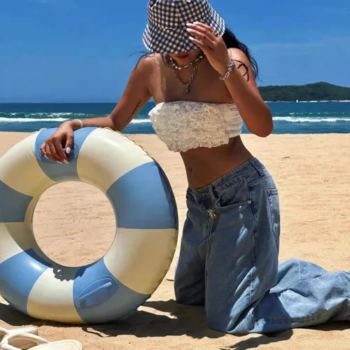 Vista 9 de Flotadores inflables de piscina para adultos, paquete de 2 flotadores a rayas, tubos de piscina, anillos de natación con asas, flotador inflable