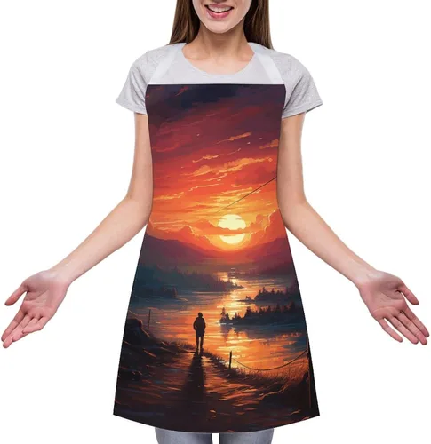 Vista 3 de Sunset Art Aprons Waterproof Cooking Kitchen Apron Unisex Adjustable Bib Apron with Pocket Restaurant Chef Works Aprons for Waitress Waiter