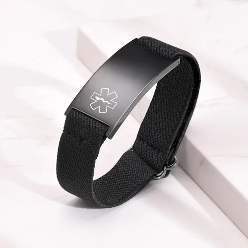 Vista 7 de Pulsera de alerta médica personalizada para hombres - Pulseras de identificación de acero inoxidable con correa elástica personalizada grabada