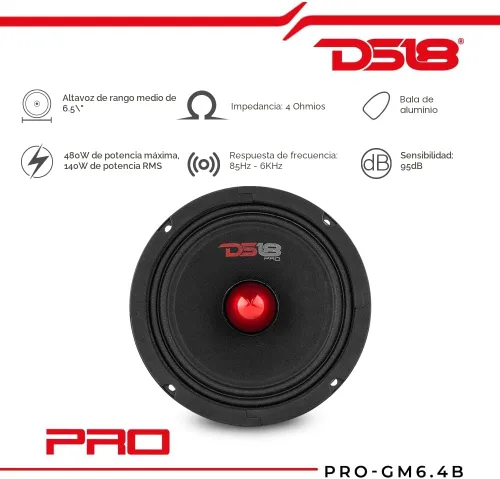 Vista 2 de DS18 PRO-GM6.4B - Altavoz de 6.5 pulgadas, rango medio, bala de aluminio roja, 480 W máximo, 140 W RMS, 4 ohmios, altavoces de puerta de audio