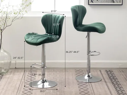 Vista 2 de Shell - Juego de 2 taburetes de bar giratorios ajustables con chasis plateado, silla de bar de terciopelo con respaldo medio, taburete de encimera