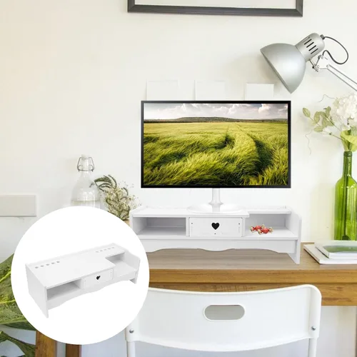 Vista 7 de Elevador de monitor de computadora de estilo con cajón de almacenamiento, soporte elevado compacto para escritorio de oficina, estante de tableta