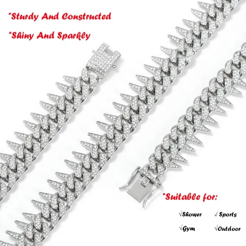 Vista 3 de HUITIAN INTL Cadena de eslabones cubanos para hombres y mujeres, cadena helada con espinas de diamante, circonita cúbica de 18 quilates, chapado