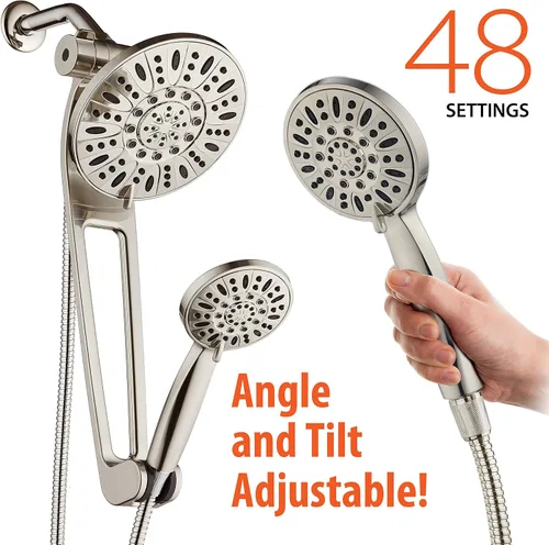 Vista 4 de AquaDance Combo de Spa de Ducha de 48 Modos de 3 Vías de Alta Presión con Brazo Extensible Ajustable de 18 Pulgadas, Níquel Cepillado