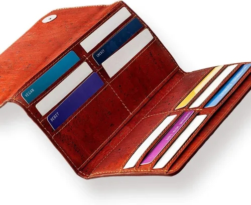 Vista 5 de Cartera de corcho vegano para mujer, delgada para tarjetas, funda plegable para tarjetas con bolsillo con cremallera, Rojo -, Classic