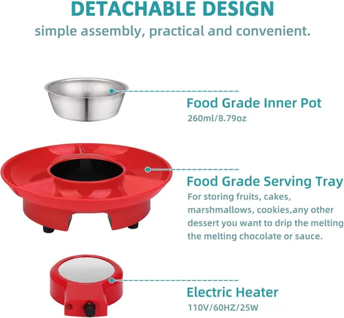 Vista 2 de Mini olla eléctrica de chocolate de 8.79 onzas, juego de fondue para fundir con 4 tenedores, bonita fuente de fondue de chocolate, máquina Rojo