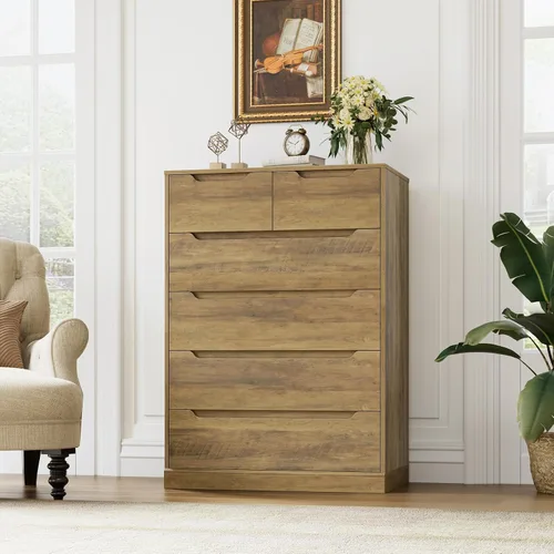 Vista 2 de HOSTACK Cómoda moderna de 6 cajones para dormitorio, cómoda alta con almacenamiento, organizadores de cofre grande de almacenamiento de madera
