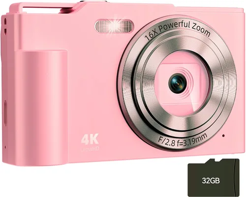 Vista 9 de Cámara digital, cámara digital FHD para apuntar y disparar con zoom de 16X, antivibraciones, cámara pequeña compacta de 48 MP con tarjeta de 32 GB
