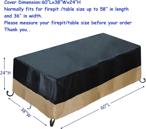 Vista 2 de Cubierta rectangular resistente al agua de 60 pulgadas para fogata de gas de patio al aire libre, 60 pulgadas de largo x 38 pulgadas de ancho x 24