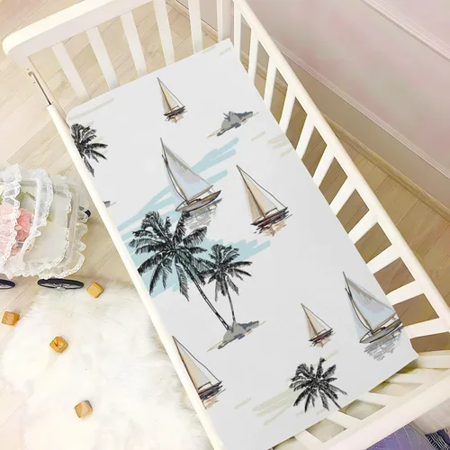 Vista 6 de Kigai Sábana bajera ajustable para cuna con diseño de veleros de palmera, suave, transpirable, para colchón de cuna estándar, acogedoras sábanas