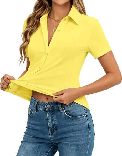 Vista 9 de siliteelon Camisas de manga corta con botones para mujer, camisas de vestir elásticas en 4 direcciones, blusa de trabajo ajustada