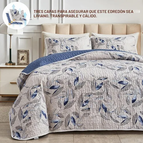 Vista 4 de Joyreap Juego de edredón de microfibra de 2 piezas, hojas azules botánicas sobre gris claro, diseño reversible, funda de cama para todas las Azul
