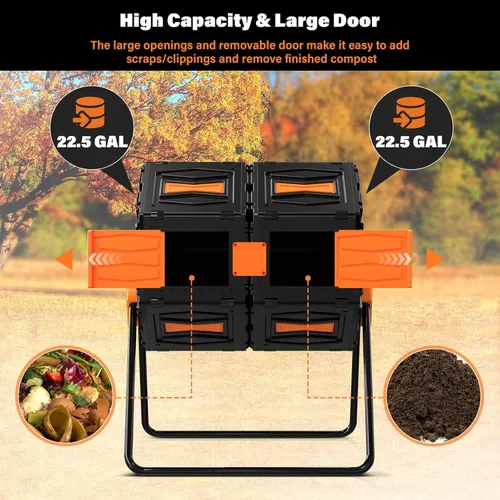 Vista 3 de Tambor de Compost, Fácil de Ensamblar y Eficiente Contenedor de Compost Exterior, 45 Galones/170 Litros Compostador Giratorio Grande de Doble Cámara