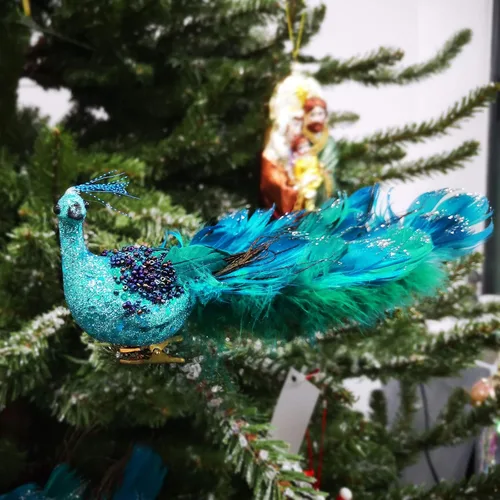 Vista 7 de Adornos de Navidad de pavo real de 12 pulgadas, elegante pájaro de pavo real azul verde azulado decorativo con cola de plumas en clip, adorno de 1