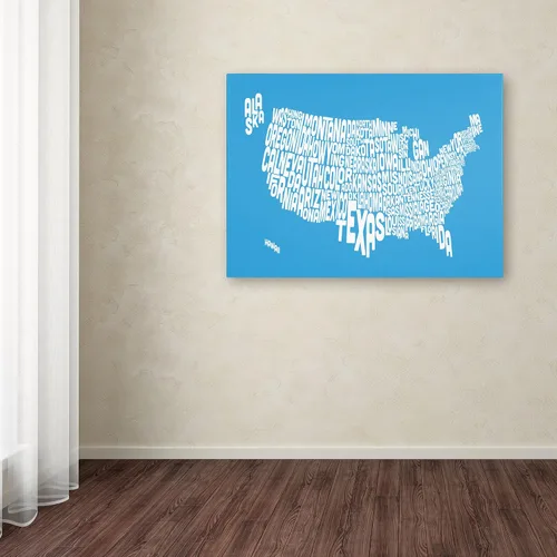 Vista 3 de Azul-USA States - Mapa de texto de Michael Tompsett work, lienzo de 14 x 19 pulgadas