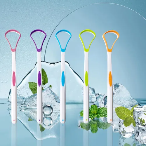 Vista 6 de Limpiador raspador de lengua de 5 piezas para adultos y niños, coloridos cepillos de lengua de plástico para el cuidado bucal, kit de raspadores