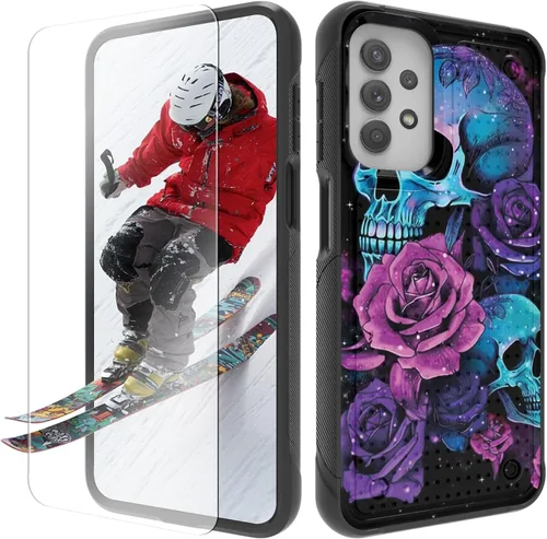 Vista 13 de Funda para Samsung Galaxy A13/A04/A04S/A23/A32 5G con protector de pantalla, parte trasera con textura de policarbonato duro, hermosa flor, diseño