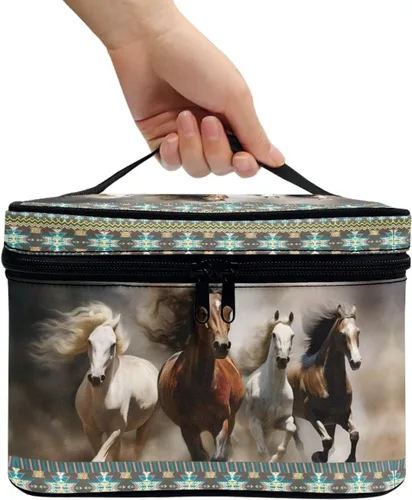 Vista 3 de Flashideas Bolsa de maquillaje para cosméticos Almacenamiento vertical Bolsa de maquillaje de viaje de gran capacidad, Caballo Azteca 1