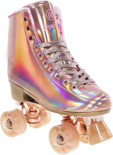 Vista 8 de JajaHoho Patines de ruedas para mujer, patines de cuero PU holográficos de alta calidad, patines brillantes de doble fila con cuatro ruedas