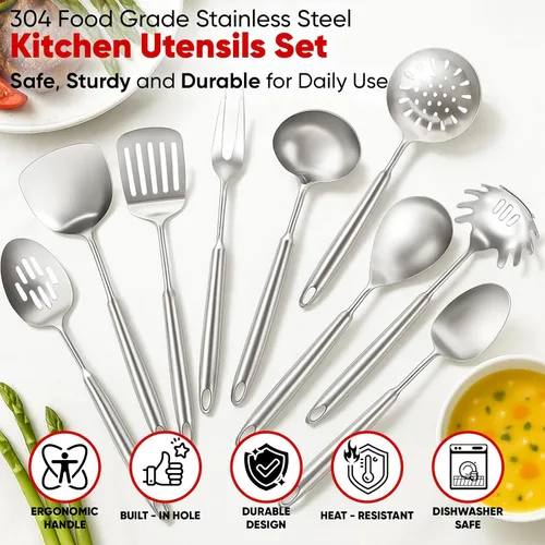 Vista 4 de Newness - Juego de utensilios de cocina de acero inoxidable 304, accesorios de cocina de metal, incluye cucharón de sopa, cuchara ranurada, cuchara