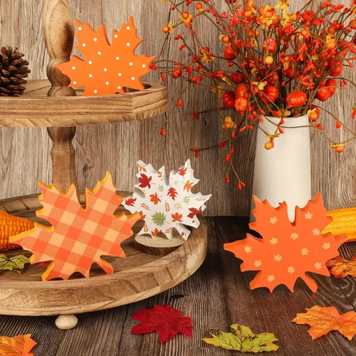 Vista 4 de COCHIE Decoraciones de hojas de otoño de madera para oficina en el hogar, granja, set de 4 para decoración de mesa de Acción de Gracias, bandeja