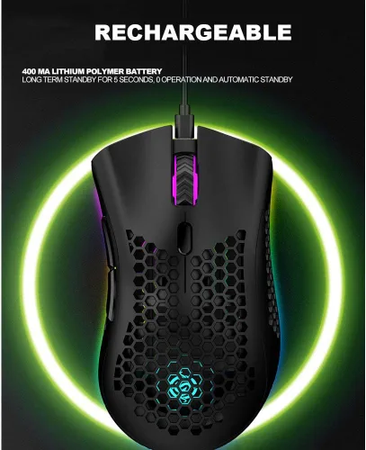 Vista 3 de Mouse ligero para juegos, mouse inalámbrico recargable para juegos con receptor USB, retroiluminación RGB, mouse de computadora para computadora