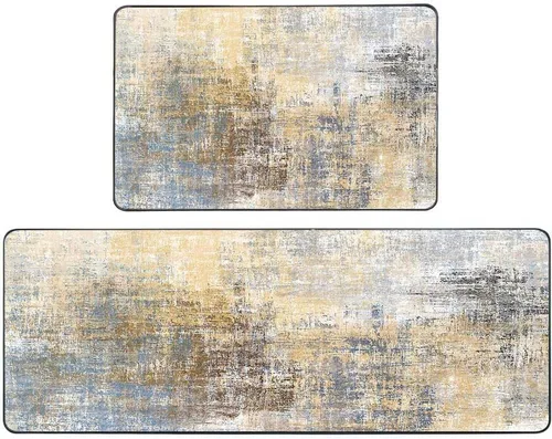 Vista 48 de TOMWISH Juego de 2 alfombras negras para pasillo de cocina, dorado y blanco, antideslizante, acolchado, comodidad vintage, 17 x 48 pulgadas + 17 x
