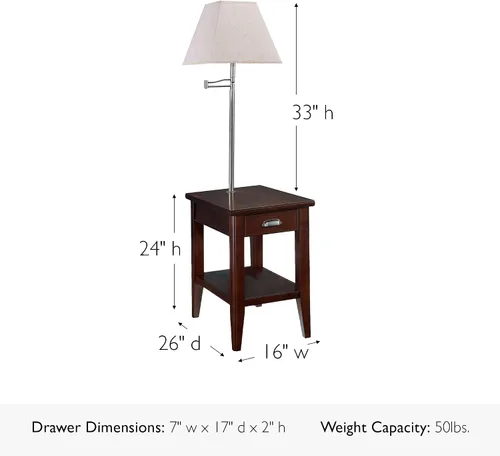 Vista 3 de Leick Home Laurent 10537 - Mesa auxiliar con lámpara, madera maciza, con cajón y estante, cereza chocolate
