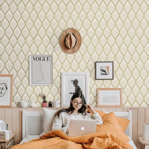 Vista 2 de Papel Tapiz Bohemio Dorado Despegar y Pegar Papel Tapiz Geométrico Autoadhesivo Papel de Contacto Vinilo Removible para Baño Cocina Sala de Estar