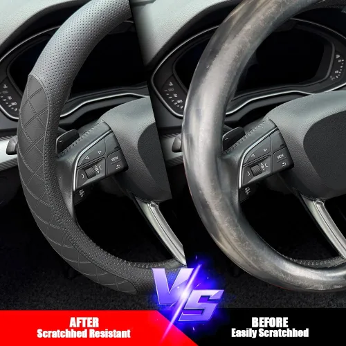 Vista 5 de LKWLIKEI Funda de cuero napa para volante, elegante diseño a cuadros de diamante, antideslizante y resistente al desgaste, mejora la comodidad