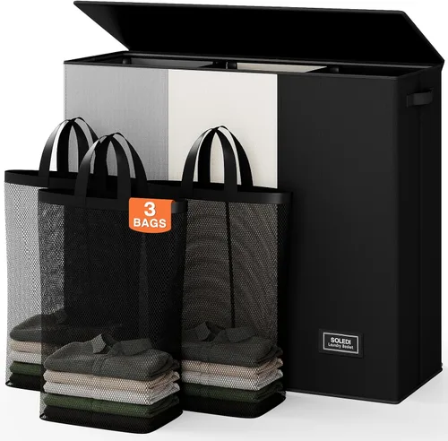 Vista 22 de SOLEDI Cesta de lavandería de 3 secciones de 180L con tapa, cesta de ropa sucia extragrande con asas resistentes para lavandería y dormitorio