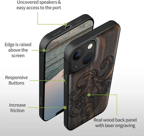 Vista 9 de Carveit Funda magnética de madera para iPhone 13 Mini [madera natural y TPU suave negro] funda protectora de madera única y elegante a prueba