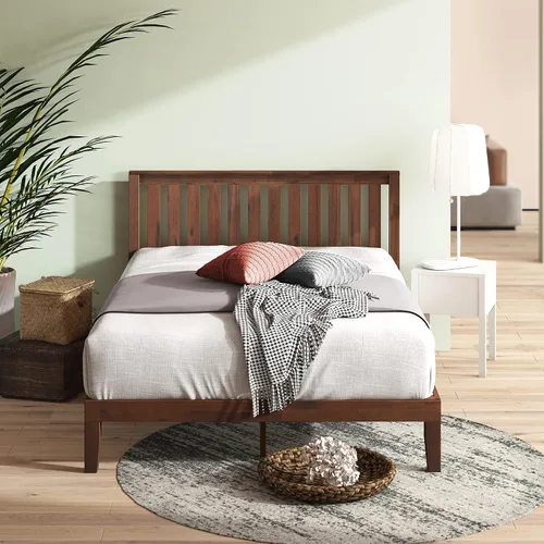 Vista 3 de Zinus cama con plataforma de madera maciza con cabecero de 12 pulgadas / Sin necesidad de resorte de caja / Soporte con listón de madera / Acabado