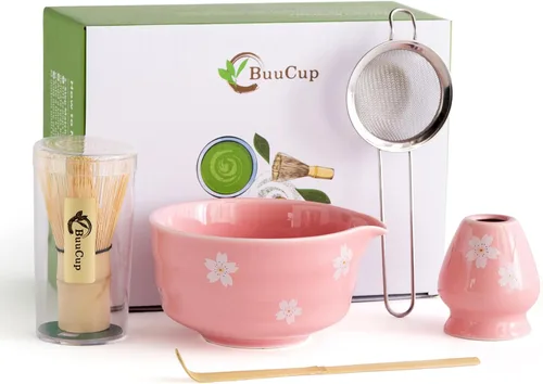 Vista 14 de Buucup Juego de matcha, 5 piezas de aguacate verde matcha con cuenco en forma de corazón con boquilla, batidor de bambú, cuchara, tamiz y soporte
