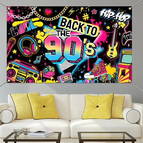 Vista 7 de Mocsicka Pancarta de fondo para fiesta de casa de los años 90, decoración de fiesta de hip hop de regreso a los 90, decoración de pared de graffiti
