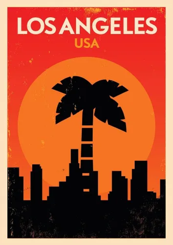 Vista 3 de Póster de viaje retro laminado de Los Ángeles, California, EE. UU., horizonte, palmera, árbol de palmera, arte de pared de borrado en seco, 16 x 24