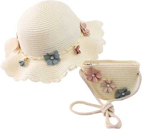 Vista 9 de Sombrero de paja para bebé niña + bolsa de playa para niñas, sombrero de paja para niños, sombrero, sombrero de flores para niños