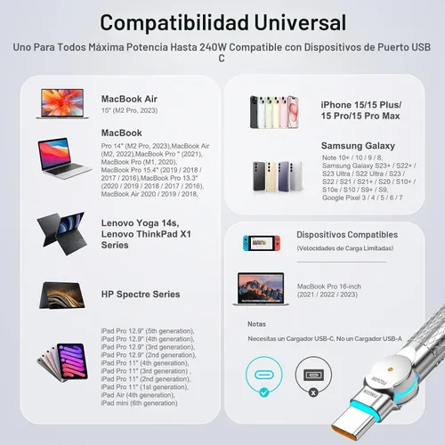 Vista 7 de Cable USB C de 3.3 pies, 240 W, trenzado, giratorio de 180°, USB C a USB C, cable USB 2.0, tipo C, cable de carga para iPhone 16/16Pro/16Plus/16Pro