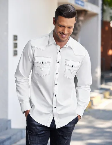 Vista 4 de COOFANDY Camisas vaqueras occidentales de manga larga de algodón con botones y bolsillos para hombre