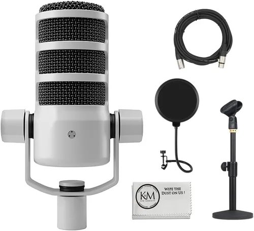 Vista 10 de Rode PodMic Micrófono dinámico USB y XLR para podcasting, paquete negro con filtro pop + soporte de micrófono de escritorio + cable XLR + paño