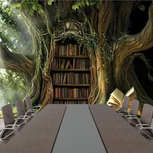 Vista 4 de Murales modernos para papel pintado 3D petrificado árbol arroyo ambiente antiguo oculto estantería abierta libro abierto despegar y pegar