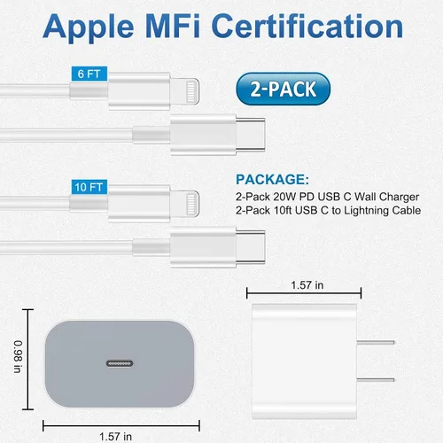 Vista 5 de Paquete de 4 cargadores rápidos para iPhone [certificado Apple MFi] 2 piezas de bloque de cargador de pared tipo C de Apple con 2 cables USB C a