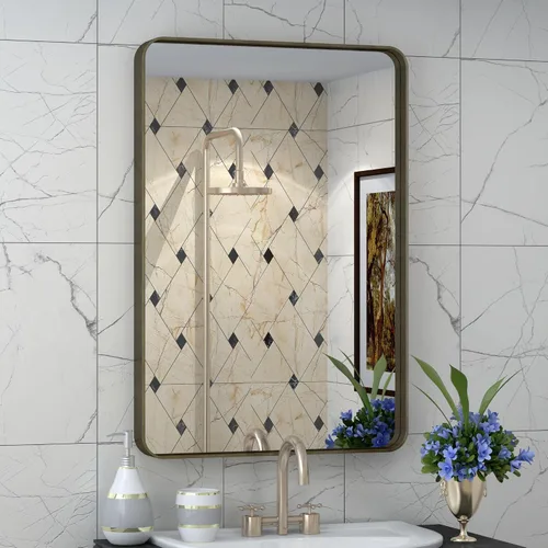 Vista 120 de Paquete de 2 espejos de baño con marco de metal negro de 22 x 30 pulgadas, espejo rectangular redondeado negro mate, antioxidante, se cuelga