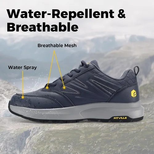 Vista 4 de FitVille Zapatos de senderismo anchos para hombre, repelentes al agua, para exteriores, zapatos de trabajo con soporte de arco, núcleo resistente