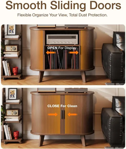 Vista 2 de Soporte para tocadiscos, mueble moderno de mediados de siglo con puertas correderas, gabinete de estantería de audio-video, soporte de medios