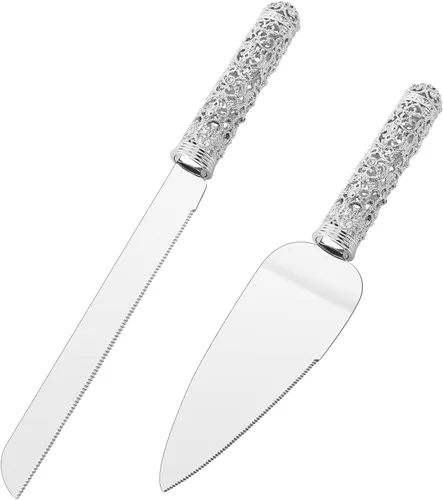 Vista 2 de Juego de cuchillo y servidor de plata para boda, juego de 2 piezas de postre con mango de metal con piedras de cristal para decoración de bodas
